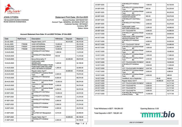 Bangladesz city wyciąg bankowy Word i przykład PDF